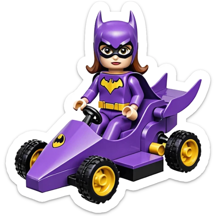 Hot full size real-appearance retro electric racing action BatGirl’s Lego feminine midnight-purple tight outfit sixty’s tv show 1992 stealthy retro sporty safe plush petite off-road pursuit cruiser car rose gold accents (black hair,reclined and relaxed torso seating position) go kart  sticker