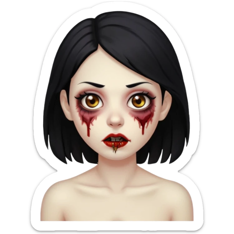 Make an emoji of a zombie woman with black hair, almond-shaped brown eyes and a labret piercing on her left lip. sticker