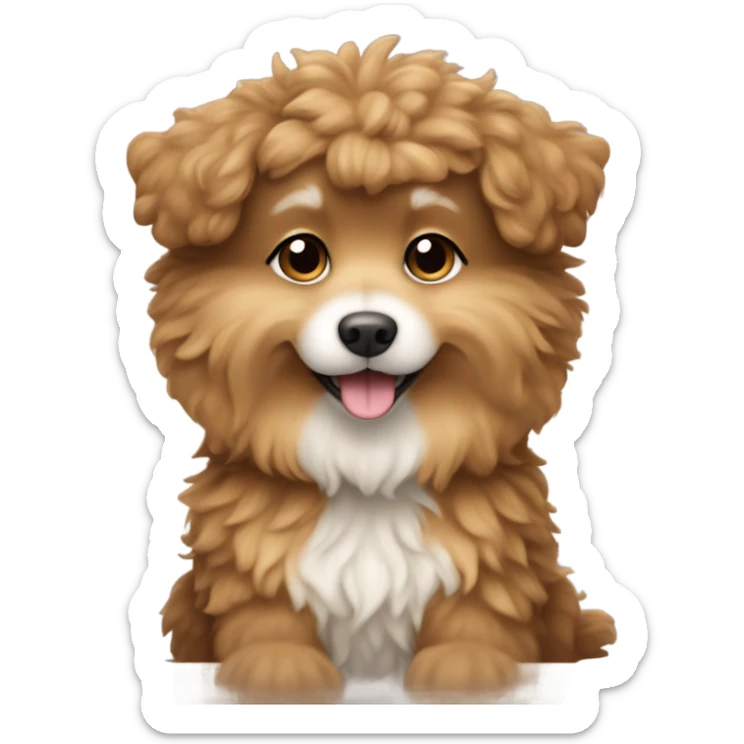 Small fluffy curly dog in light brown color with white color on the chest sitting with squirrel sticker