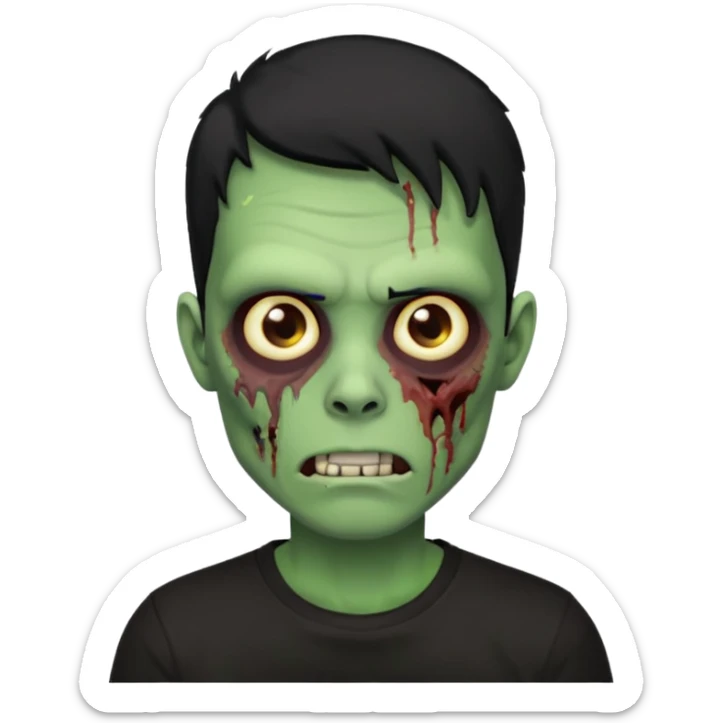 Zombie Emoji AppleIOS Style, lowfade Black Hair, and Black T-shirt, Green Skin, normal expression sticker
