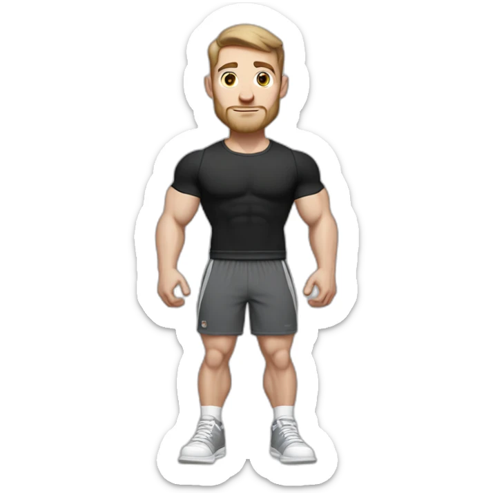 Pale skinned Fit Man With the biceps and dark brown hair in black shirt, gray sports shorts and white Sneakers sticker