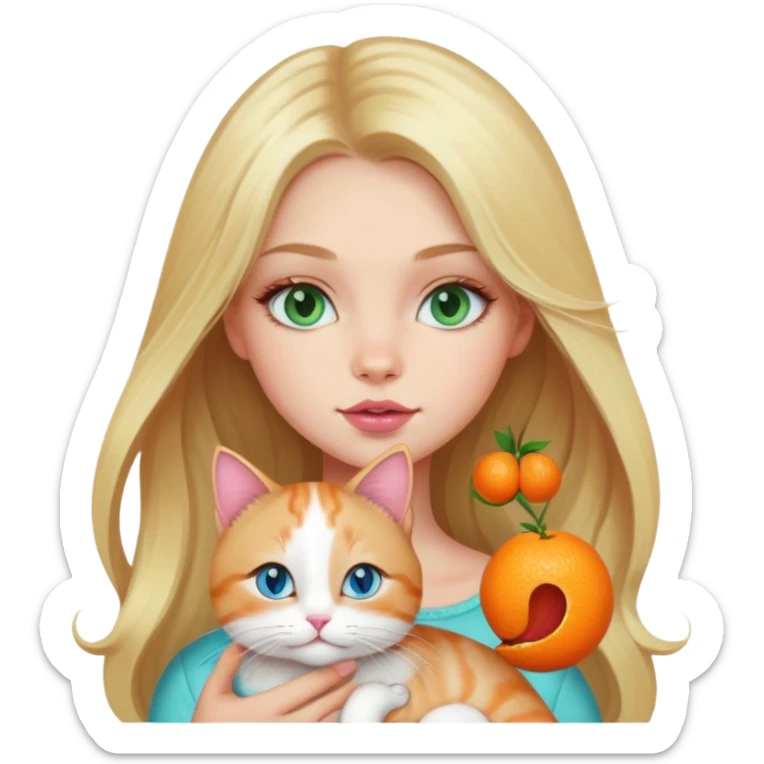 Blonde long hair girl with blue green eyes have big lips pink lipgloss holding her cat her cat is soft orange&brown and white she holding cat  sticker