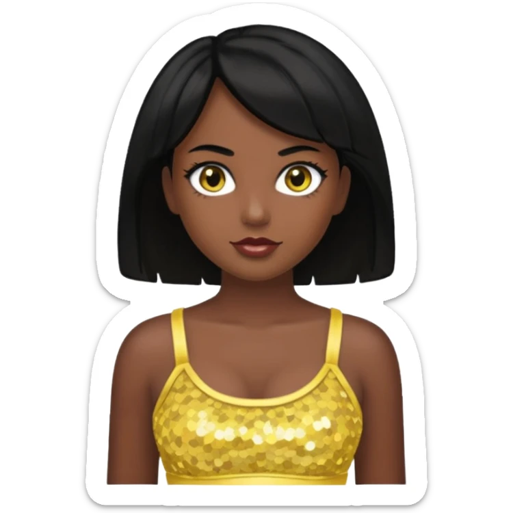 Christie from Barbie & Friends with brown eyes, black hair, yellow sequin crop top, dark skin sticker