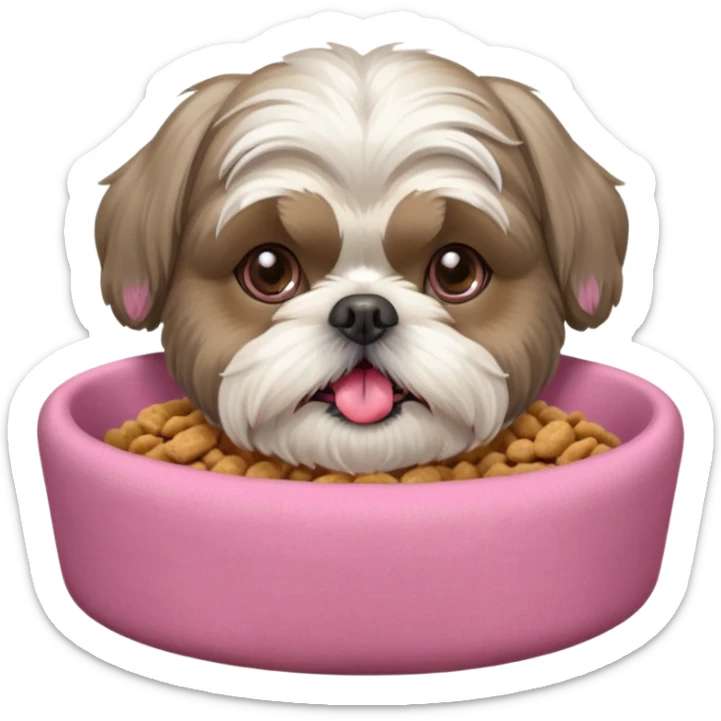 old ALL grey shih tzu in pink dog bed tongue hanging out with a bowl of food sticker