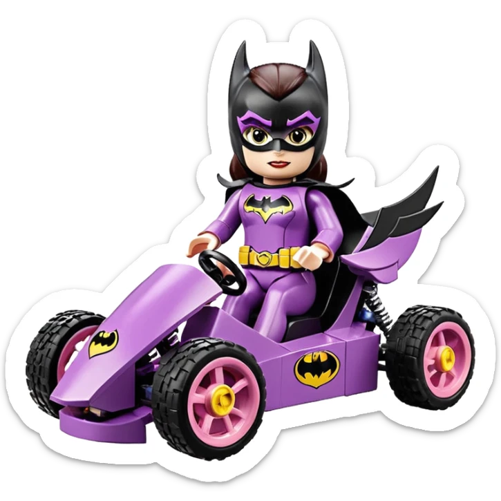 Hot full size real size-appearance electric road racing sexy BatGirl’s feminine midnight-colored tight outfit sixty’s tv show Lego dark stealthy sporty safe plush petite off-road pursuit cruiser car rose gold accents (black hair,reclined and relaxed torso and shoulders seating position) go kart  sticker