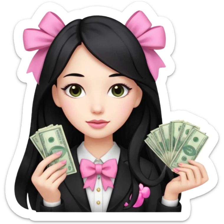Menina de cabelo preto longo , laços rosas , dinheiro , luxo sticker