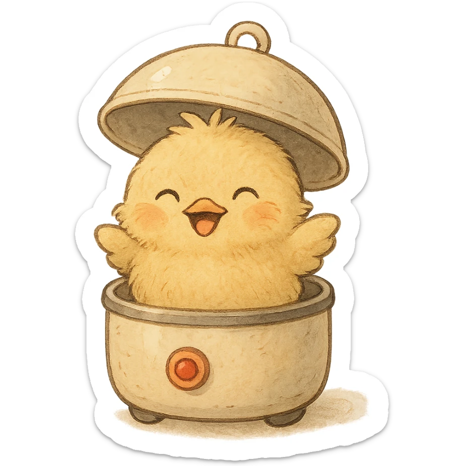 chibi soft fluffy chick popping out of the lid of an egg cooker smiling brightly soft yellow tones full-body sticker