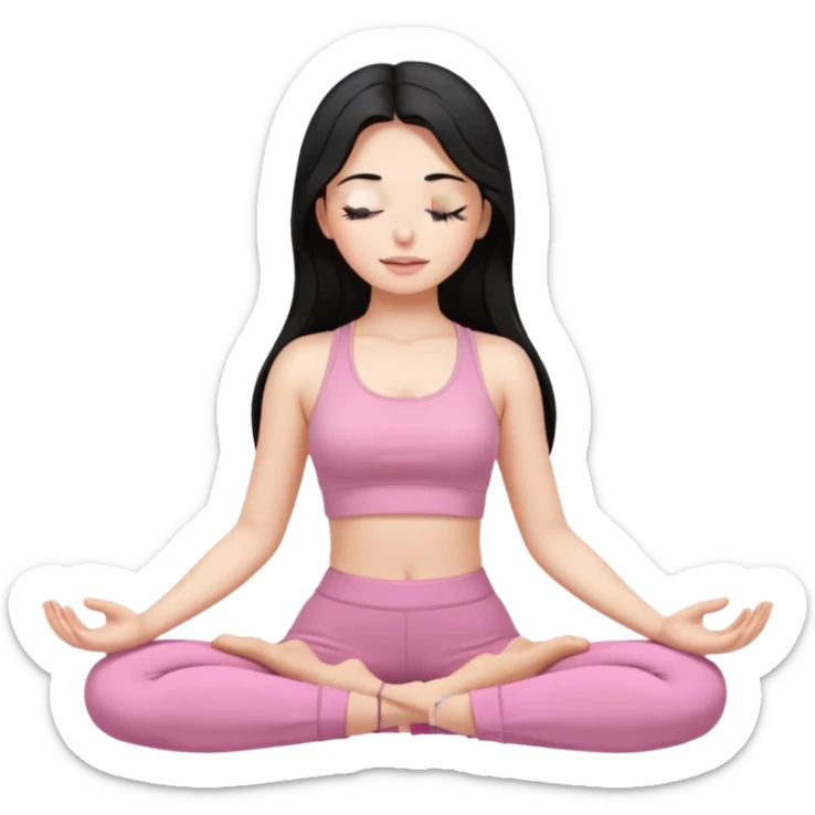 Brunette, Long and black hair, white skinne, light pink closets, crop top dressing, closed eye girl in make yoga sticker