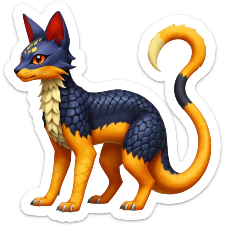 Colorful scaley sclaed orange red black yellow Bastet-Salandit-Umbreon-Gatomon-Vernid-Protogen-Digimon-Fakémon-Pokémon-creature  (full body) sticker