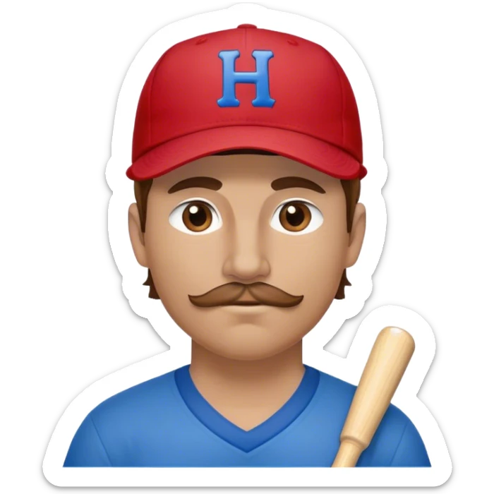 White man with brown hair and a short brown mustache wearing a blue baseball cap with an H on it and a red bandana around his neck sticker