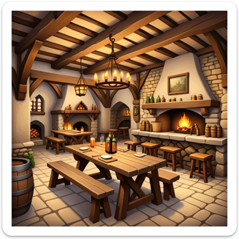 cozy medieval fantasy tavern with wooden beams, fireplace, and tables where adventurers gather sticker