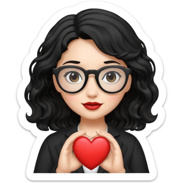 niña con pelo ondulado color negro con lentes negros y tenga un corazon en la mano sticker