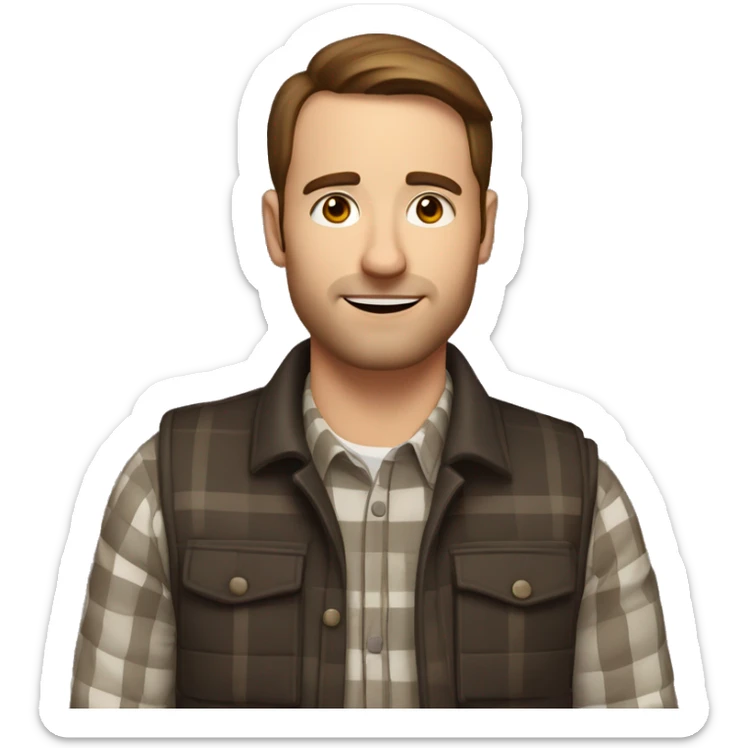 a white 30 year old man with brown hair and stubble in a plaid shirt and gilet  sticker