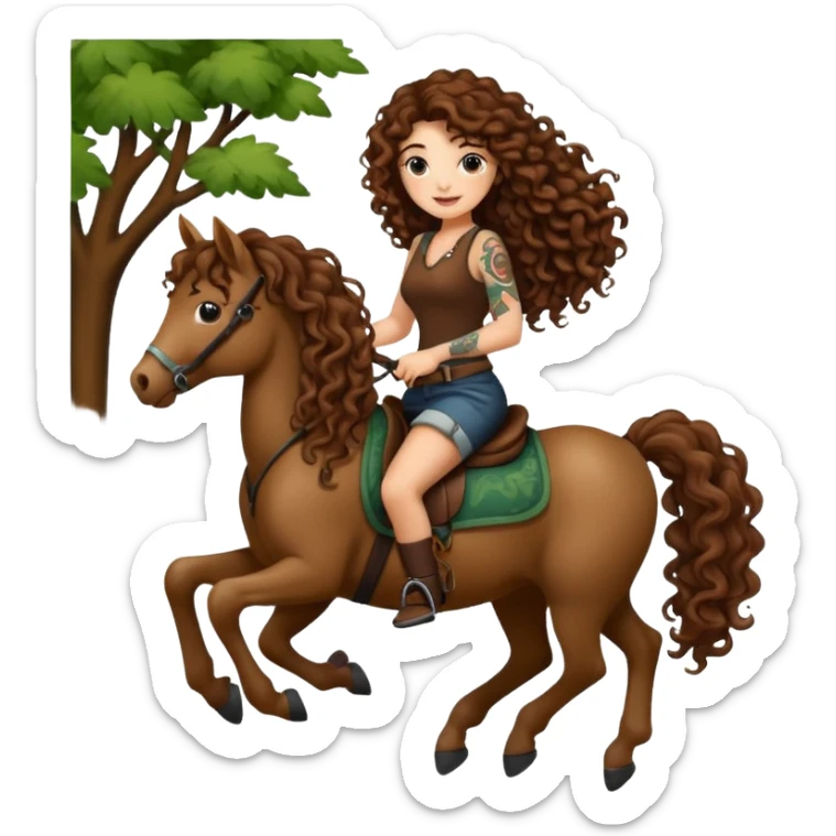 cute woman long curly brown hair tattoos riding forest pony sticker