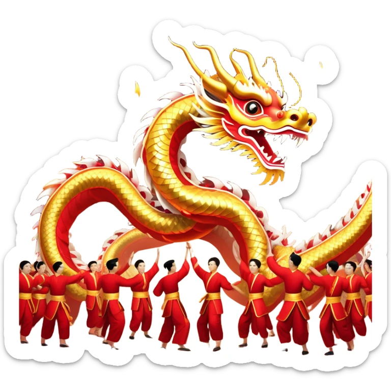 Cinematic Realistic scene of a Chinese Dragon Dance featuring performers energetically holding a vibrant dragon model aloft, with intricately detailed scales and dynamic flowing costumes, illuminated by festive red and gold lighting that captures the spirit of celebration. sticker