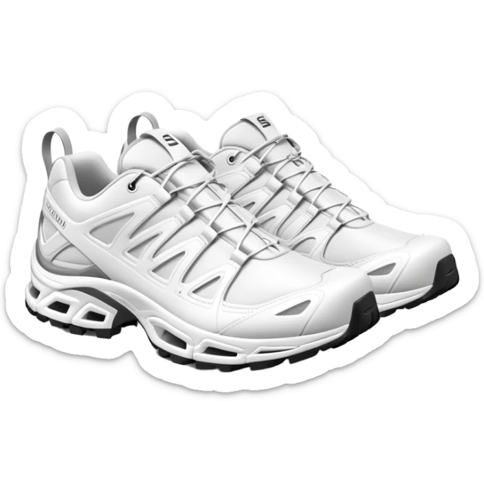 Totally white Salomon XT-6 sneakers with absolutely no color accents, clean white monochrome design, one shoe behind the other, simplified iOS emoji style sticker