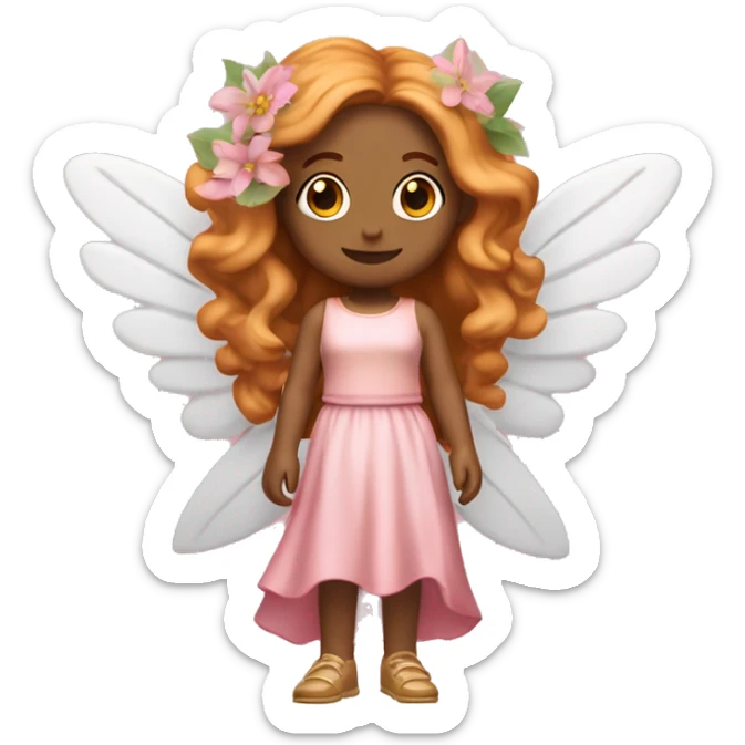 Full body Fairy white woman emoji with long wavy copper hair and blonde highlights, also with curtain bangs, brown/honey eyes, with a pink outfit inspired in flower leaves give her wings  sticker
