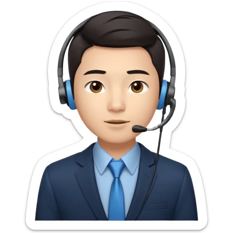 A young Asian man with smooth light skin, dark hair that swoops upward in the front, expressive eyes, a clean-shaven face, and a call-center style headset over one ear, usually paired with a crisp shirt and suit jacket visible from the chest up. sticker