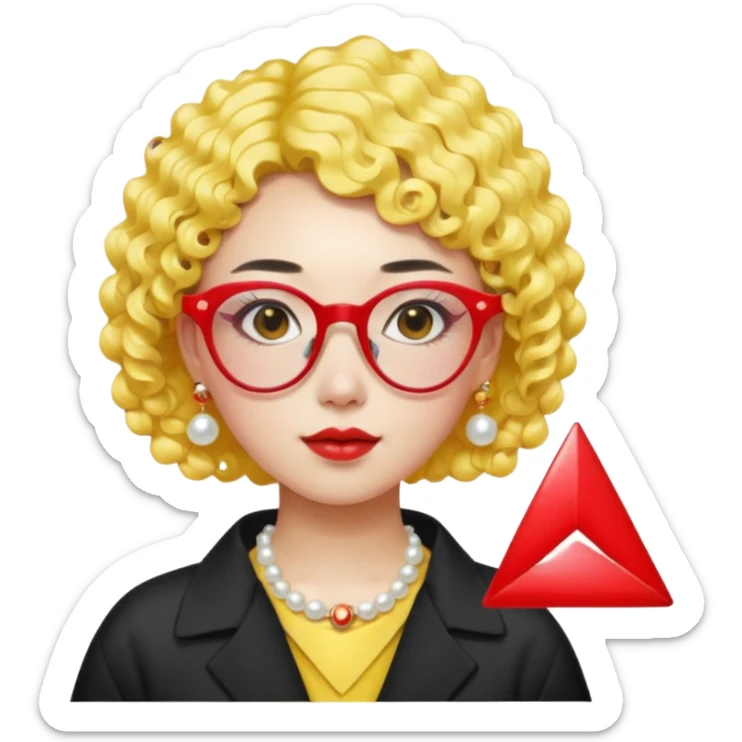 Chinese girl emoji, modern style, short curly bright yellow hair, pearl hairpin, wearing trendy red triangle glasses, colorful and creative vibe sticker