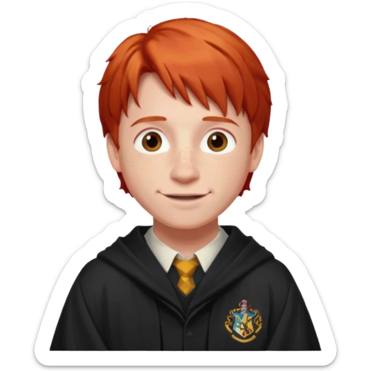Create a realistic portrait of Ron Weasley with red hair, freckles, Hogwarts robe & warm smile. sticker