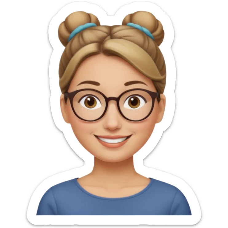 femme de 38 ans avec des cheveux tirés vers l'arrière blond foncé sans mèche devant, un chignon haut, yeux bruns, lunettes rondes, visage ovale sticker