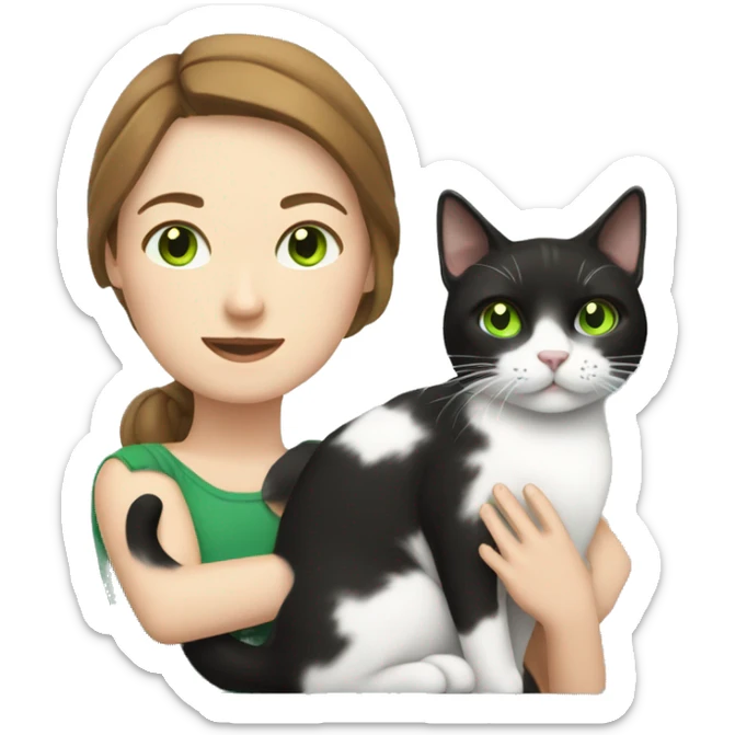 Black and white cat with female owner with brown hair and green eyes sticker