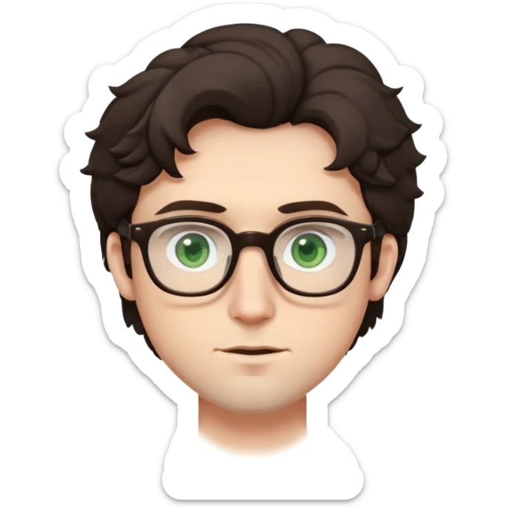Young man with slightly curled dark brown poofy hair, green eyes wearing glasses, wide face with eyes set apart, bigger ears, pale skin, slightly bigger nose, and very light stubble sticker