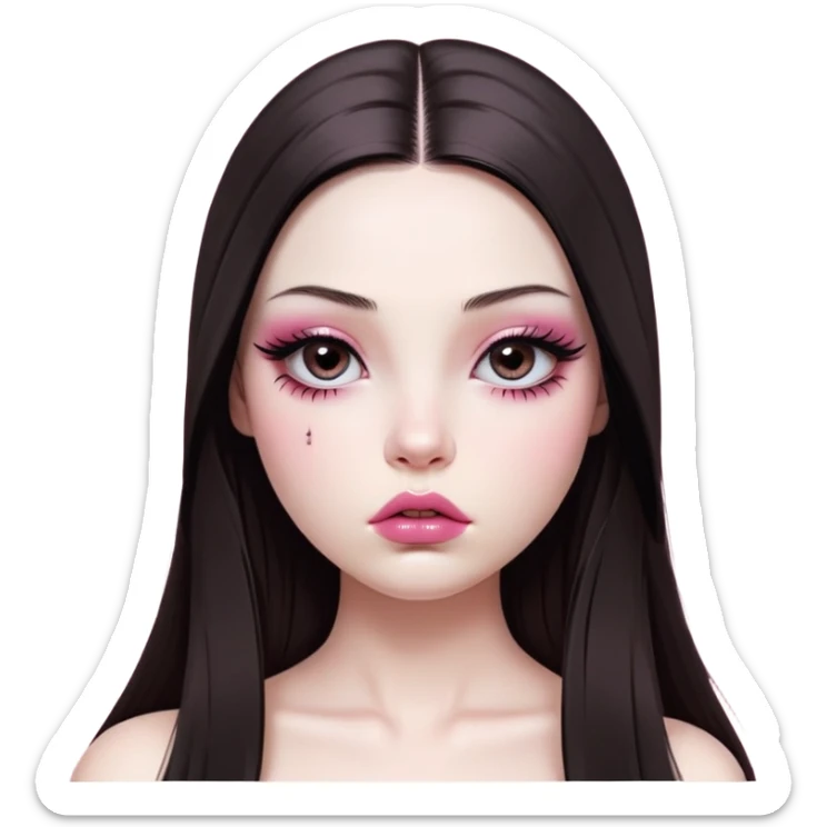 girl with white skin, dark brown long realistic straight hair with middle part prominently falling in front of her body over her shoulders, very big pouty extremely glossy ultra-shiny lips with nude reddish-pink lip gloss and absolutely no cupid's bow, big round eyes with very black shiny eyeballs and huge eyelashes, no eyeshadow, pink blush on cheeks, lighter button nose, extremely long oval-shaped face, wearing a pink off-shoulder top, looking directly at camera with hands down at sides sticker