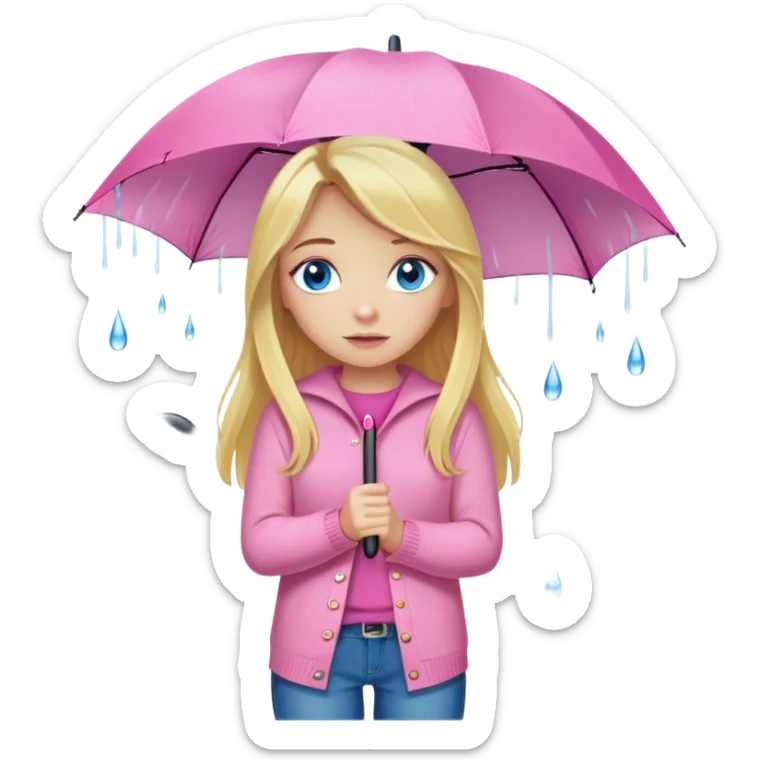 Cinematic realistic emojis in the form of a blonde girl with long hair and blue eyes, dressed in a pink sweater and jeans, holding an umbrella above her, on which rain is dripping sticker