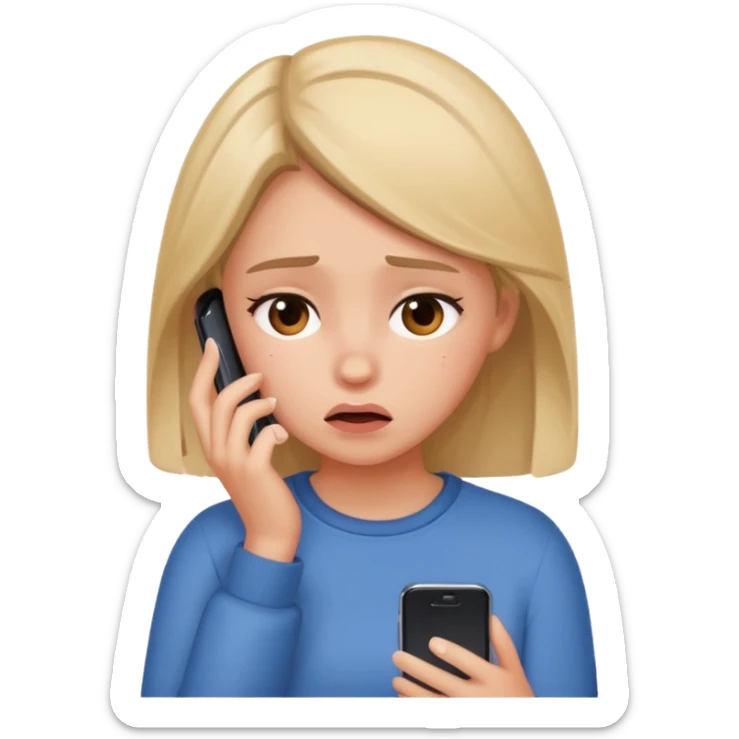 Do you want me to show you a girl looking at her cell phone and feeling embarrassed and in trouble? It's okay to have a question mark emoji like this next to her sticker