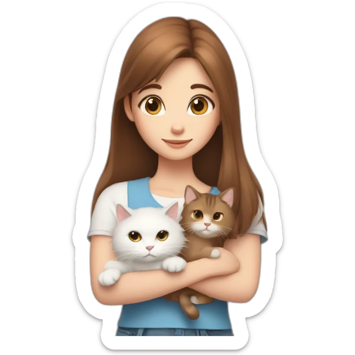 A girl with brown straight hair and a white fluffy cat lying in her arms with eyes of different colors sticker
