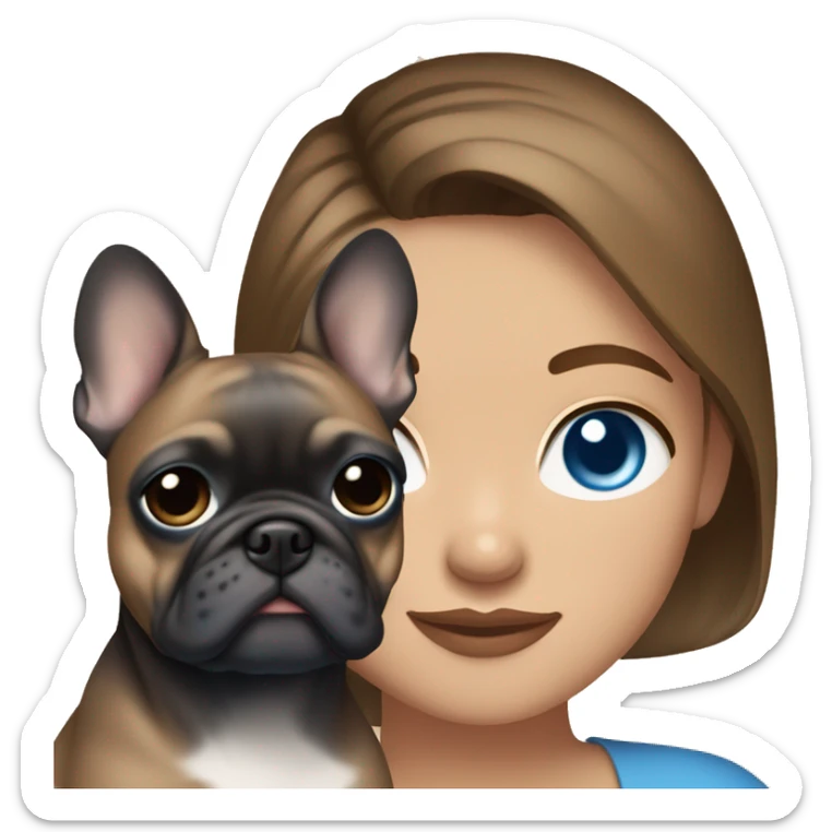 Brown hair light skin blue eyes yes woman with a blue and tan frenchie on her arm sticker