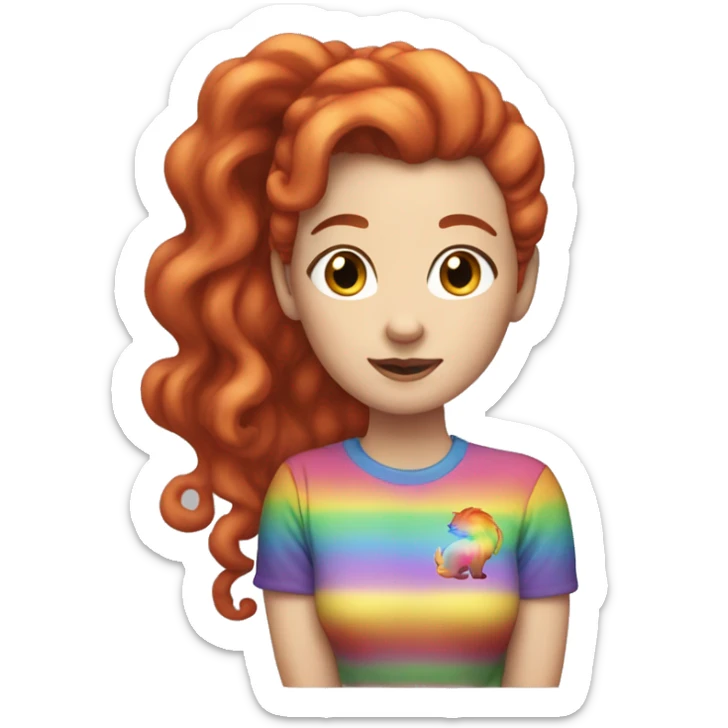 "A white woman with lengthy red curls in a ponytail, wearing a rainbow cat shirt, being cute." sticker