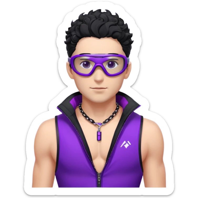 male athlete with white skin and moderately curly black hair on top with shaved sides, wearing ski goggles with purple frames and very dark black lenses, a simple plain black chain necklace, and a completely unzipped/wide open shiny purple vest fully revealing his chest and abs, no earrings sticker