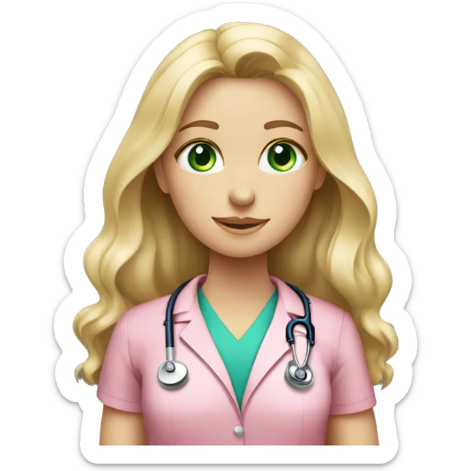 Long haired Blonde girl with green-blue-grey eyes wearing a pink shirt  a doctor sticker