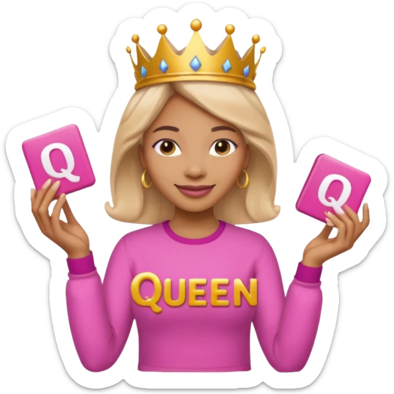 Crear una reina morena clara con ropa rosa sosteniendo la palabra Queen en sus manos sticker