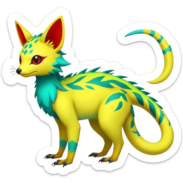 Rare realistic exotic edgy tropical cute yellow, with neon-green, neon-red, and neon-cyan markings epic pretty beautiful handsome gorgeous aesthetic colorful vibrant Vernid-Trico-species-Fakemon-creature by LiLaiRa, 4 legs, 1 tail, random markings, (full body) sticker
