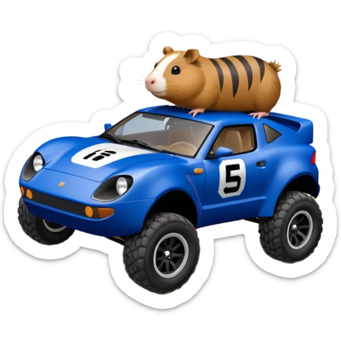 Dirty Joke’s Midnight-blue Local Motors Rally Fighter off road race car being driven by a five foot tall Guinea pig over a dirt ramp  sticker