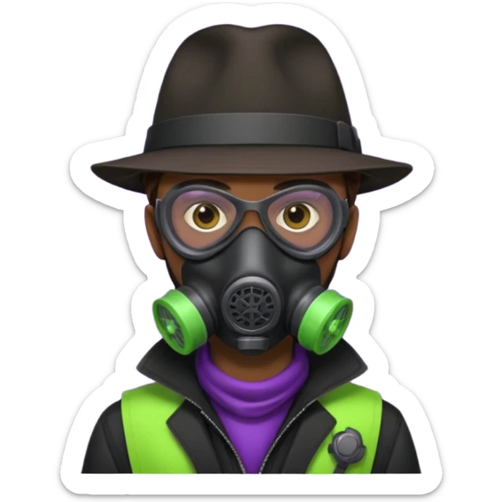 Male Hacker with a fedora with brown hair wearing a gasmask. Color scheme is black, lime-green and purple sticker