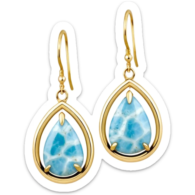 No emoji icons, no emoji faces, 8k quailty, clean, smooth design, isolated, hyper realistic, ultra sparkly, ultra detailed luxurious, 14k yellow glittery gold and Rare Genuine Larimar Raw Crystal earrings set, rendering. Full transparent background  sticker