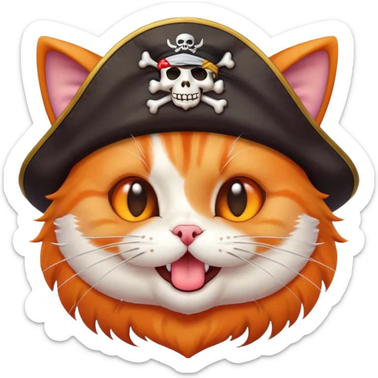 A mischievous cat with a pirate hat sticking out its tongue, kawaii style emoji sticker