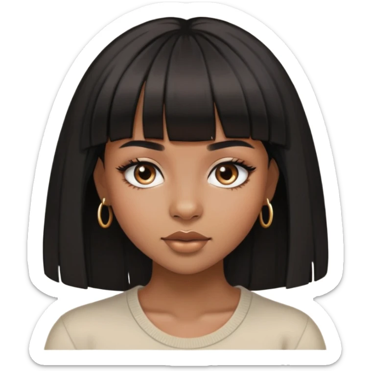 brownskin girl, beautiful girl, black straight hair with bangs above eyebrowns, nose piercing sticker