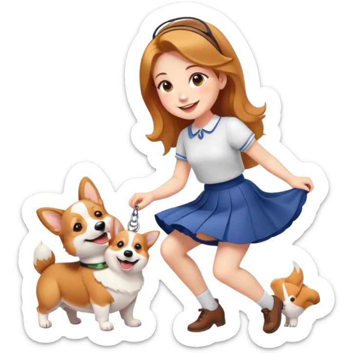 A beautiful girl with fair skin wearing a skirt and happily playing with corgi sticker