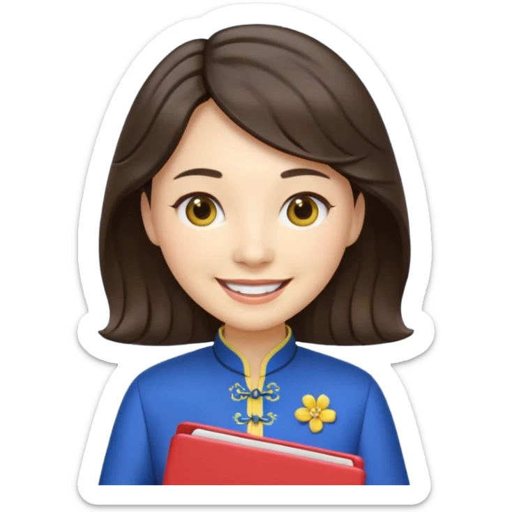 Teacher emoji but : wavy (not straight) dark brown hair, light skin, no glasses, dark eyes, with a computer folder in the hand (color is yellow), being a teacher, wearing a chinese qipao ( dark blue), smile with teeth




 sticker