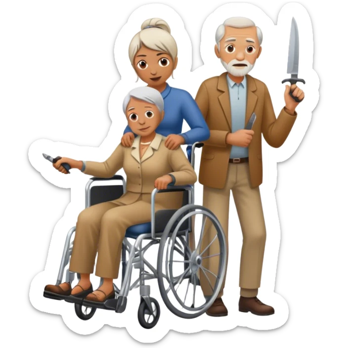 Woman with a knife in one hand, pushing with the other a wheelchair with an old man sticker