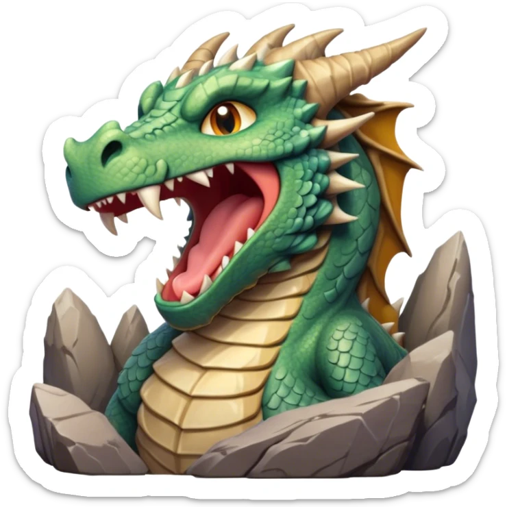 Cinematic Cute Yawning Giant Rock Dragon Portrait Emoji, Head tilted slightly with a dramatic, wide-open yawn, revealing a colossal, rugged body with weathered, rock-like scales and subtly drooping, earthy features rendered in authentic, stony texture; high shine, relaxed yet powerful, styled with a dash of timeless geological charm, soft glowing outline, capturing the essence of a sleepy but stoic rock behemoth ready to settle into an ancient, enduring slumber! sticker