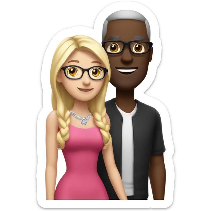 White blonde long hair woman pink dress no glasses  with no glasses in a pink dress and diamond necklace standing next to emoji black man with glasses wearing red shirt glasses standing next to white eoman sticker
