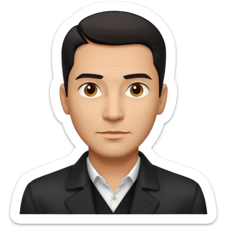 Attractive Hispanic TV host in his mid to late 40s with light brown skin, short straight black hair slicked back with fade on sides, square handsome face with strong jawline, friendly approachable expression, wearing open black jacket revealing white buttoned shirt underneath sticker