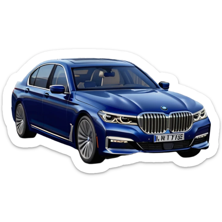 BMW 7 Series (2022) – cinematic-realistic BMW 7 Series emoji, its dark blue exterior gleaming under the city lights as it makes its way through bustling streets. The sophisticated interior whispers luxury as the vehicle drives with remarkable poise, embodying a perfect harmony between cutting-edge technology and comfort. sticker