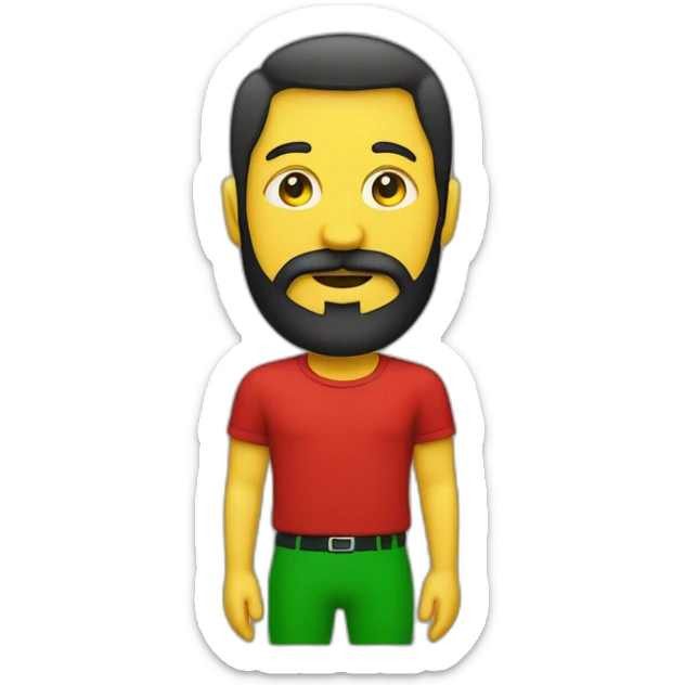 Homme avec barbe coûte et une calvitie  noir très cours avec un t-shirt rouge et un rectangle jaune et vert dessus sticker